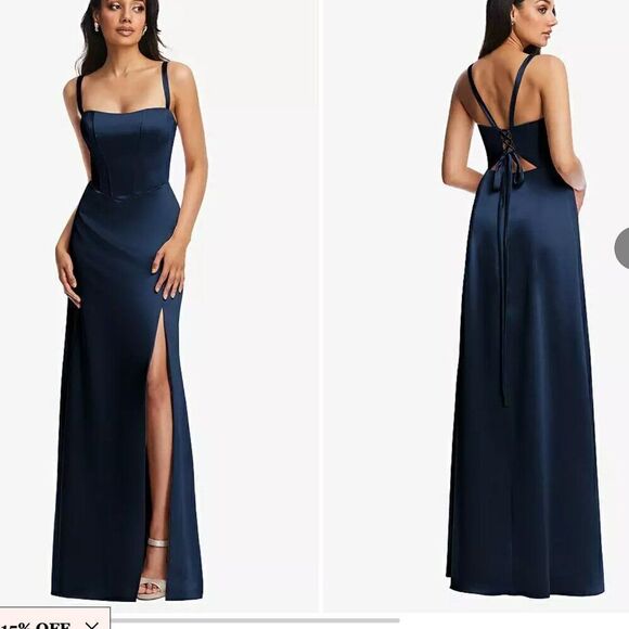 After Six Lace Up Tie-Back Corset Maxi Dress with Front Slit in Midnight Navy 12 - Picture 1 of 9